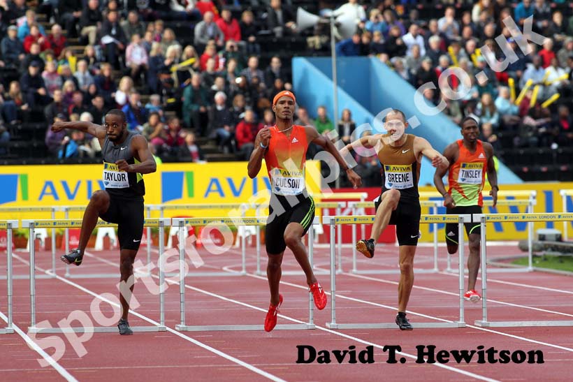 Javier Culson leads David Greene and Angela Taylor off the final barrier in the 400 metres hurdles, 2012 Samsung Diamond League, Crystal Palace, London.